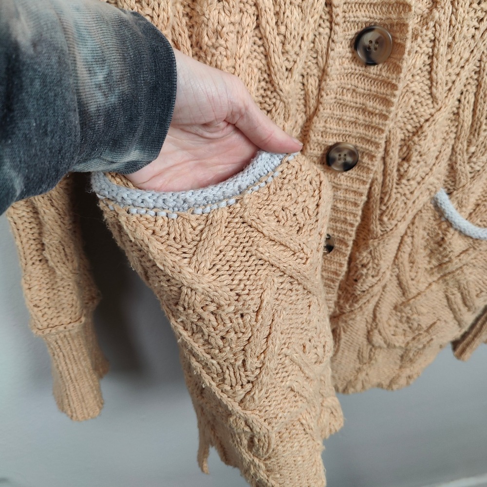 Free People Montana Cable‎ Knit Cardigan Sweater Womens Small Tan Oversized Boho - Picture 5 of 12